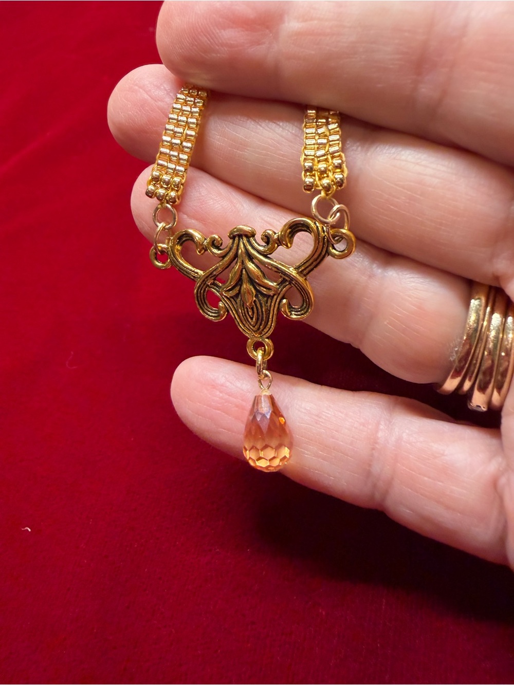 Gold color loom-woven necklace with teardrop crystal and extender - Picture 5 of 6